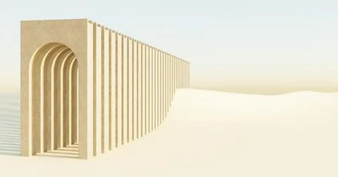 3d illustration, 3d rendering. Path under concrete arches in desert. Stock Illustration