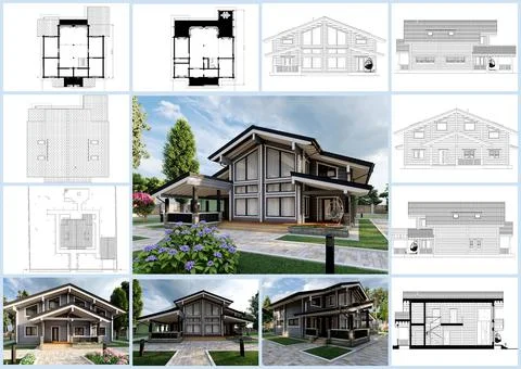 3D illustration, 3D rendering. Plan of a country house made of laminated vene Ilustración de archivo