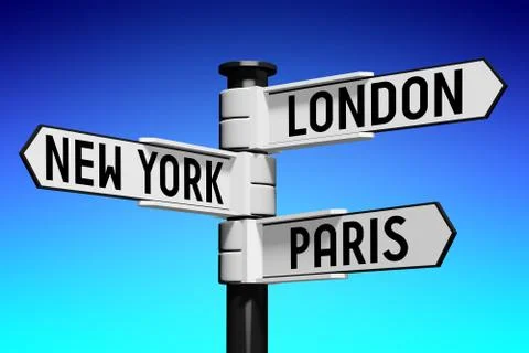 3D illustration/ 3D rendering - signpost with three arrows - capital cities Stock Illustration