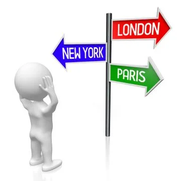 3D illustration/ 3D rendering - signpost with three arrows - capital cities Stock Illustration