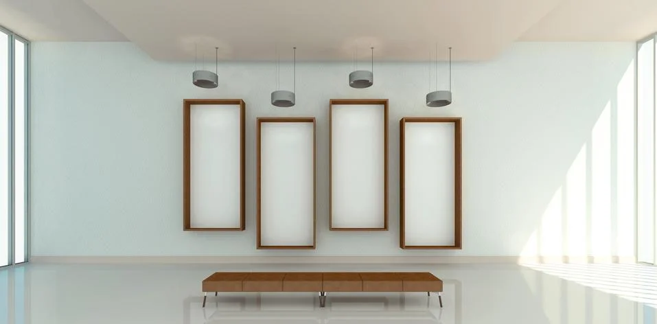3d illustration of 4 wooden rectangular frames at a modern gallery mockup. Stock Illustration