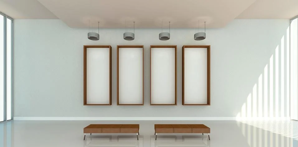 3d illustration of 4 wooden rectangular frames at a modern gallery mockup. Stock Illustration