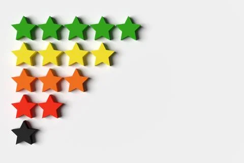3d illustration  5 multi-colored stars stands in rows, gradually decreasing i Stock Illustration