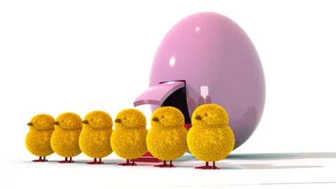 3D Illustration of 6 Easter Chicks Standing in Front of a Large Pink Egg Stock Illustration