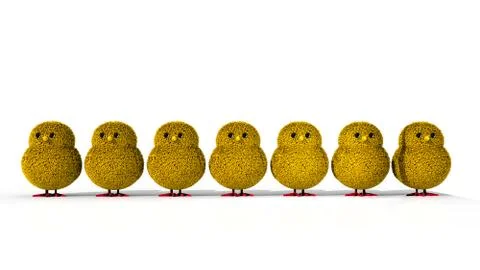 3D Illustration of 7 Yellow Easter Chicks in a Row Stock Illustration