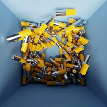 3d illustration aa size alkaline battery in a box. A close-up of the same yel Stock Illustration