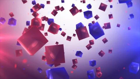 3d illustration of Abstract background with red and blue cubes in the air. Stock Illustration