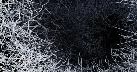 A 3D illustration is an abstract chaotic structure made of many intertwined Stock Illustration