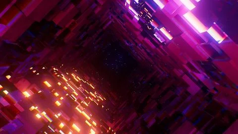 3d illustration Abstract composition of cubes in neon light with reflections Stock Illustration