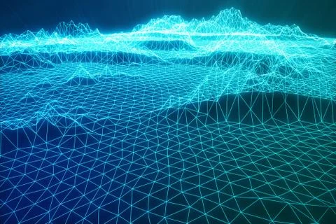 3D illustration abstract digital wireframe landscape. Cyberspace landscape grid Stock Illustration