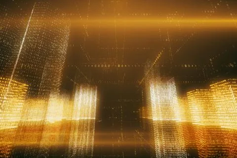3d illustration abstract flight in a virtual digital city in a binary code sp Illustrazione stock