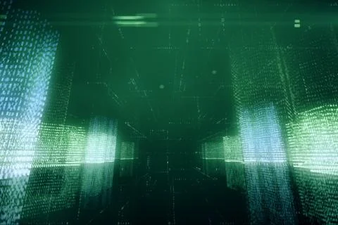 3d illustration abstract flight in a virtual digital city in a binary code sp 스톡 일러스트