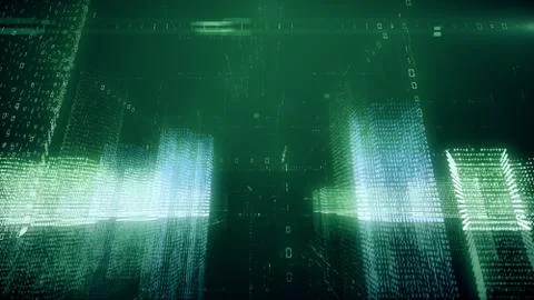 3d illustration abstract flight in a virtual digital city in a binary code sp Stock Illustration
