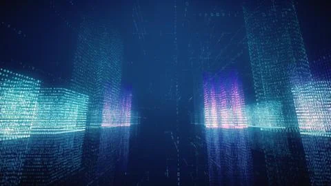 3d illustration abstract flight in a virtual digital city in a binary code sp Illustrazione stock