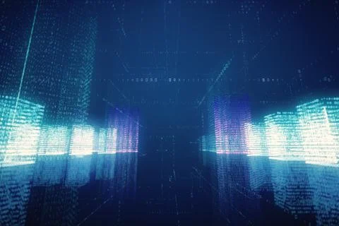 3d illustration abstract flight in a virtual digital city in a binary code sp Stock Illustration