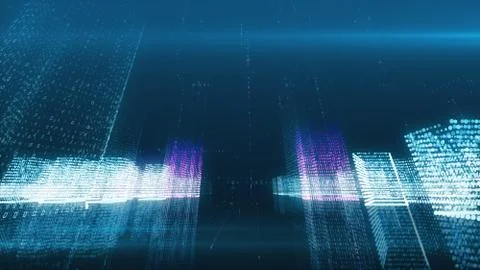 3d illustration abstract flight in a virtual digital city in a binary code sp 스톡 일러스트
