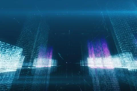 3d illustration abstract flight in a virtual digital city in a binary code sp 스톡 일러스트