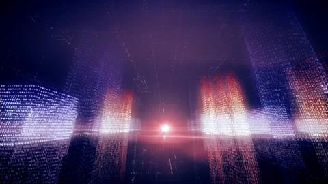 3d illustration abstract flight in a virtual digital city in a binary code sp Illustrazione stock