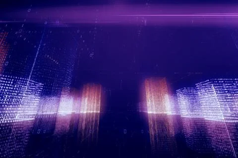 3d illustration abstract flight in a virtual digital city in a binary code sp Illustrazione stock