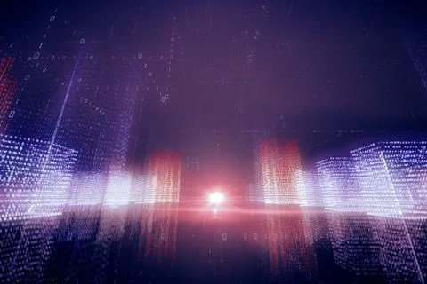 3d illustration abstract flight in a virtual digital city in a binary code sp Illustrazione stock
