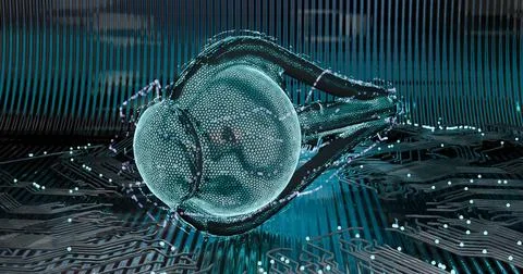 3D illustration abstract low-poly frame of a digital eye with neon illuminat Stock Illustration