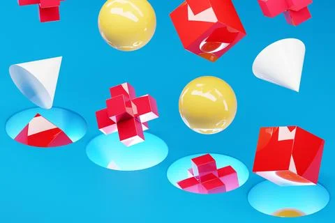 3D illustration Abstract multi-colored shapes: cube, torus, sphere, polygon f Stock Photos
