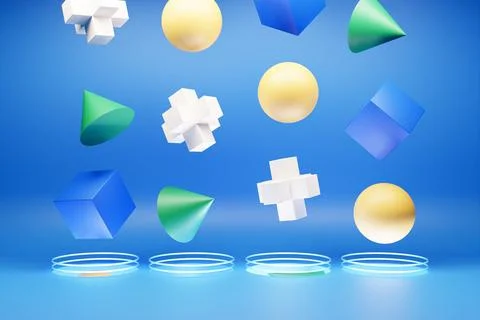 3D illustration Abstract multi-colored shapes: cube, torus, sphere, polygon f Stock Photos