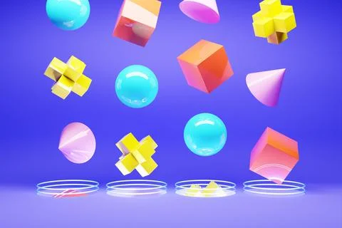 3D illustration Abstract multi-colored shapes: cube, torus, sphere, polygon f Stock Photos