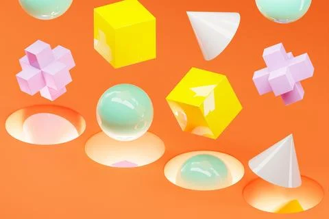 3D illustration Abstract multi-colored shapes: cube, torus, sphere, polygon f Stock Photos