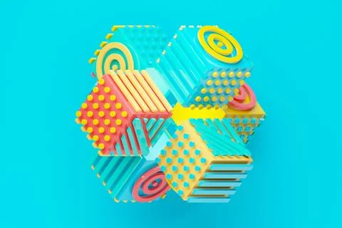 3D illustration Abstract shape with different geometric patterns on each side Stock Illustration