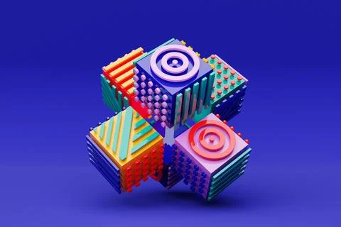 3D illustration Abstract shape with different geometric patterns on each side Stock Illustration