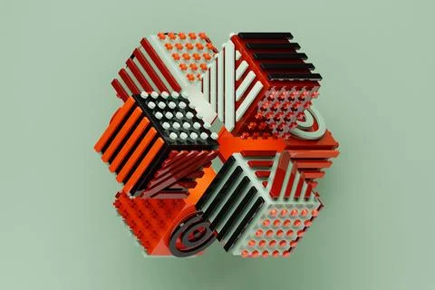 3D illustration Abstract shape with different geometric patterns on each side Stock Illustration