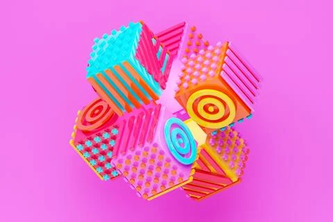 3D illustration Abstract shape with different geometric patterns on each side Stock Illustration