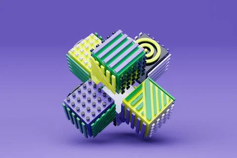 3D illustration Abstract shape with different geometric patterns on each side Stock Illustration