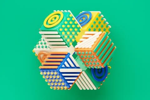 3D illustration Abstract shape with different geometric patterns on each side Stockfoto's