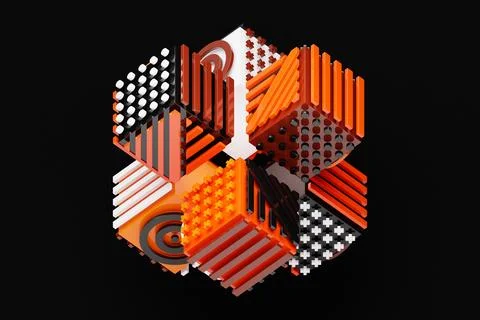 3D illustration Abstract shape with different geometric patterns on each side Stockfoto's