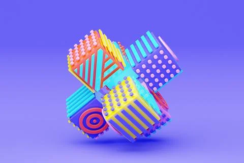 3D illustration, abstract shape illusion of various squares with patterns, is Stock Illustration