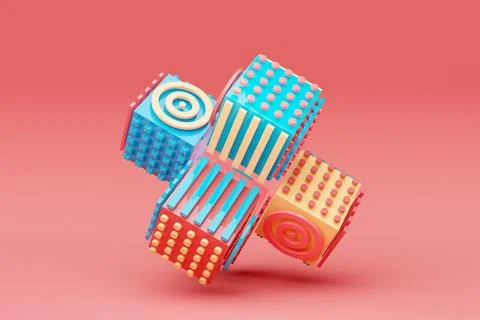 3D illustration, abstract shape illusion of various squares with patterns, is Stock Illustration