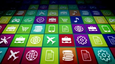 3d illustration of advanced mobile application icons on a pc screen placed di Stock Illustration