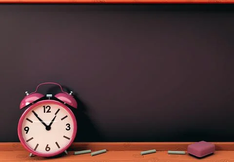 3D Illustration. Alarm clock with empty chalkboard. Illustrazione stock