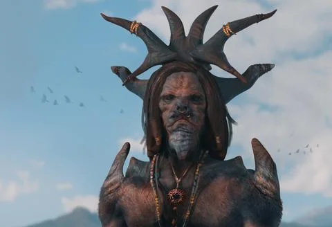 3d Illustration of alien beast creature with horns and accessories in an outd Stock Illustration