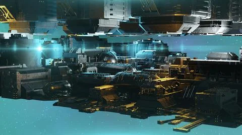 3d illustration - alien sci-fi city with optical flares. Stock Illustration