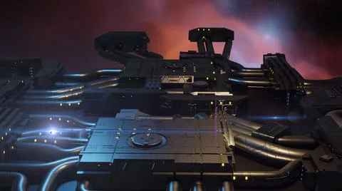 3d illustration - alien sci-fi city with optical flares	 Stock Illustration