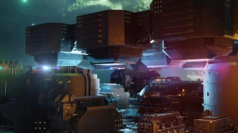 3d illustration - alien sci-fi city with optical flares. Stock Illustration