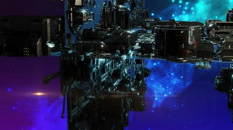 3d illustration - alien sci-fi city with optical flares. Stock Illustration