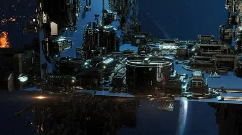 3d illustration - alien sci-fi city with optical flares. Stock Illustration