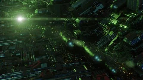 3d illustration - alien sci-fi city with optical flares Stock Illustration