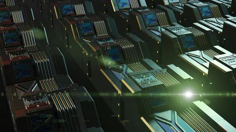 3d illustration - alien sci-fi city with optical flares Stock Illustration