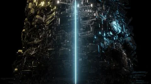 3d illustration - alien sci-fi city with optical flares. Stock Illustration