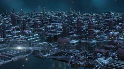 3d illustration - alien sci-fi city with optical flares. Stock Illustration